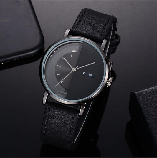 Men's Round Dial Leather Strap Watch